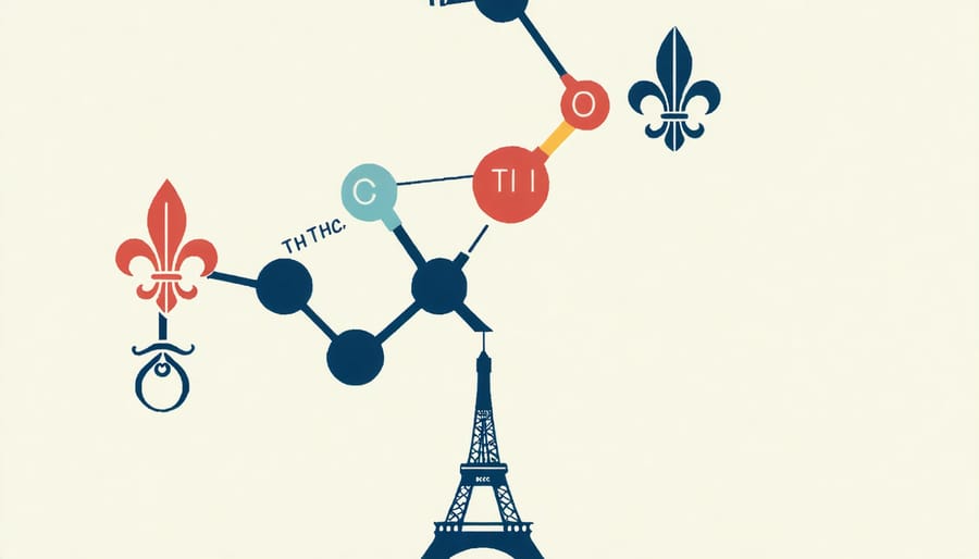 Molecular structure of THCA with Eiffel Tower and fleur-de-lis