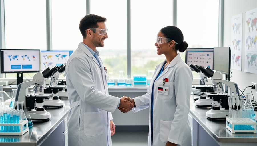 Researchers in lab coats shaking hands over a laboratory bench with pipettes and test tubes.