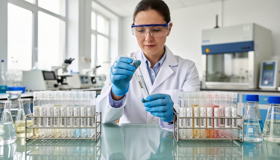 Gloved technician holding a sealed vial over a stainless steel laboratory bench.